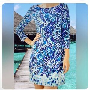 Lilly Pulitzer Hollee Pima Cotton Dress Blue White Long Sleeve, Women’s Sz L